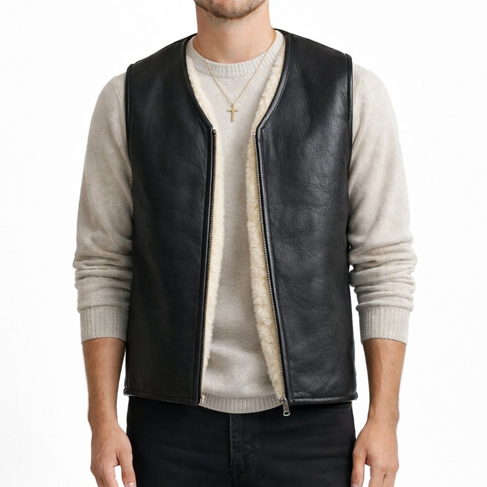 Men's Black Leather Shearling Vest